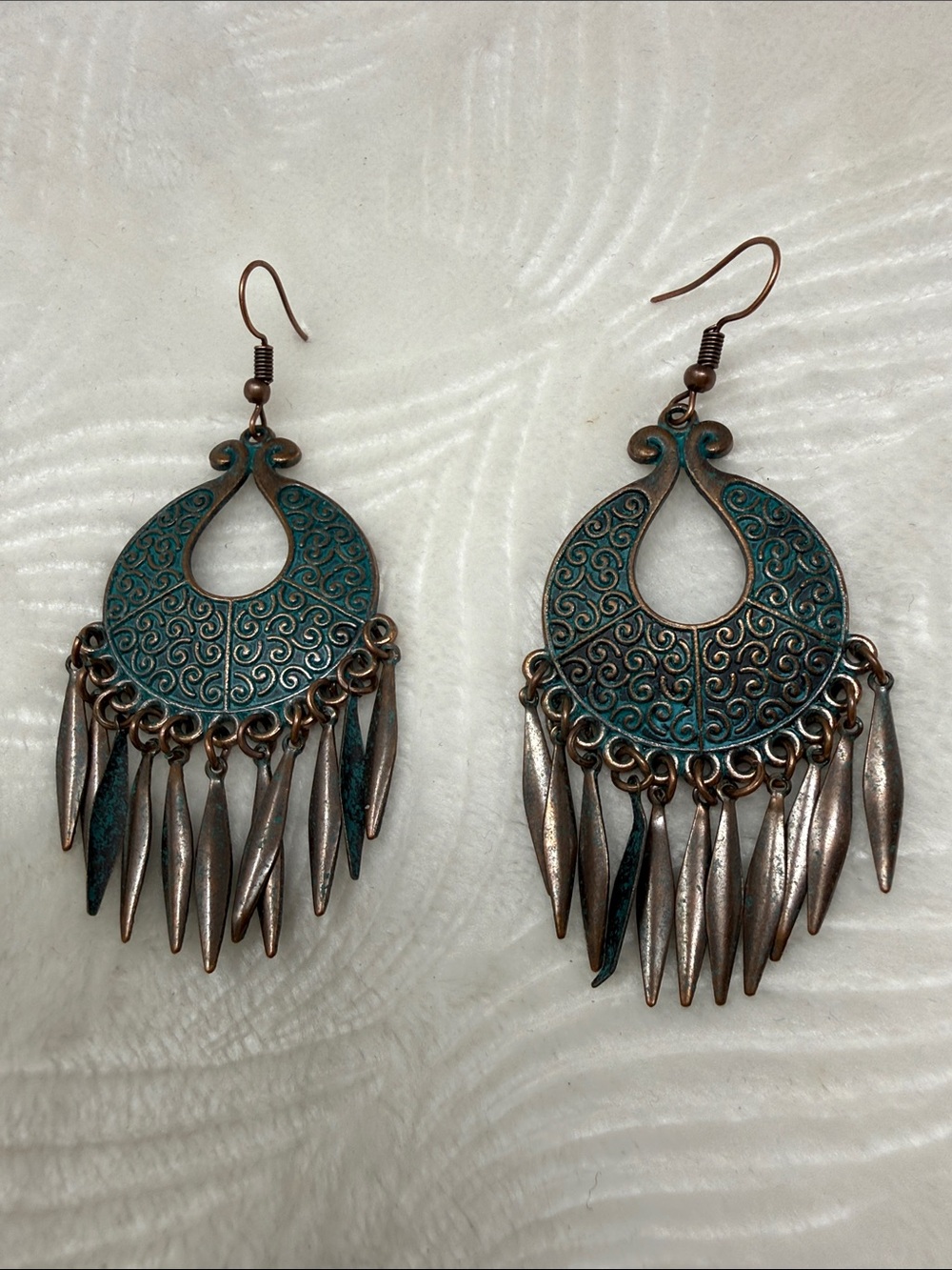Boho Patina Chandelier Earrings Copper Tone Teal Verdigris Festival Artisan